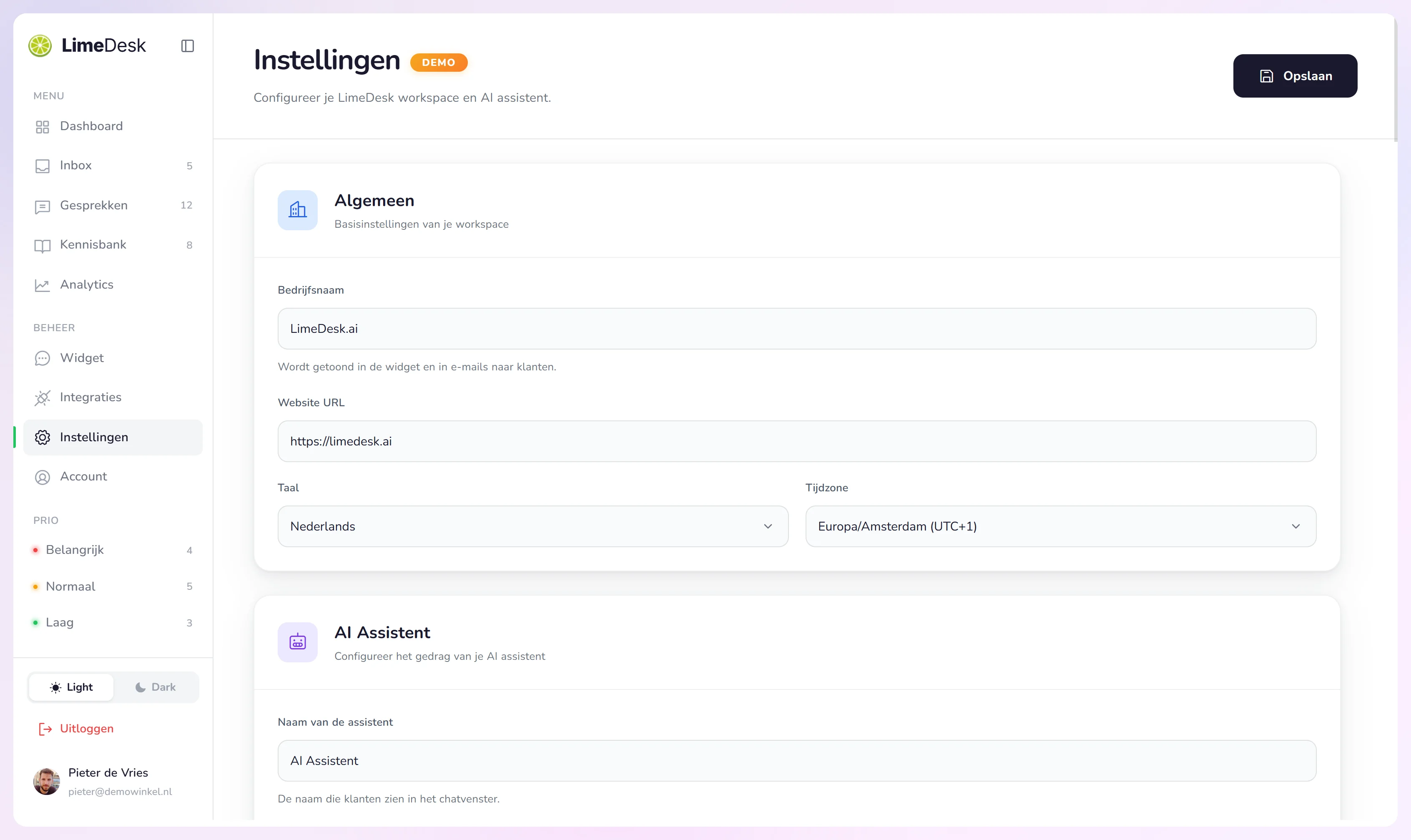 Dashboard — Instellingen