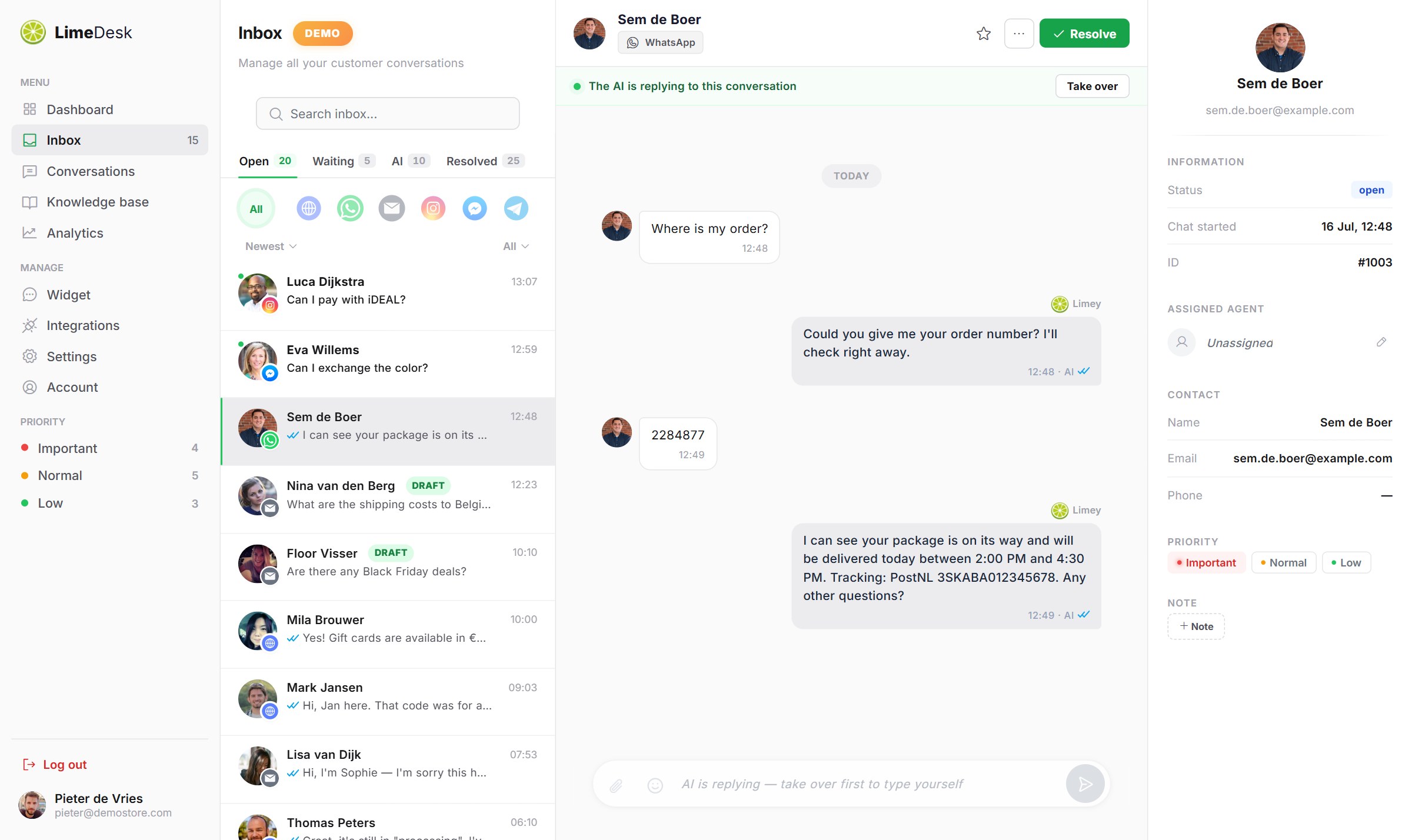 LimeDesk Unified Inbox — all channels in one place
