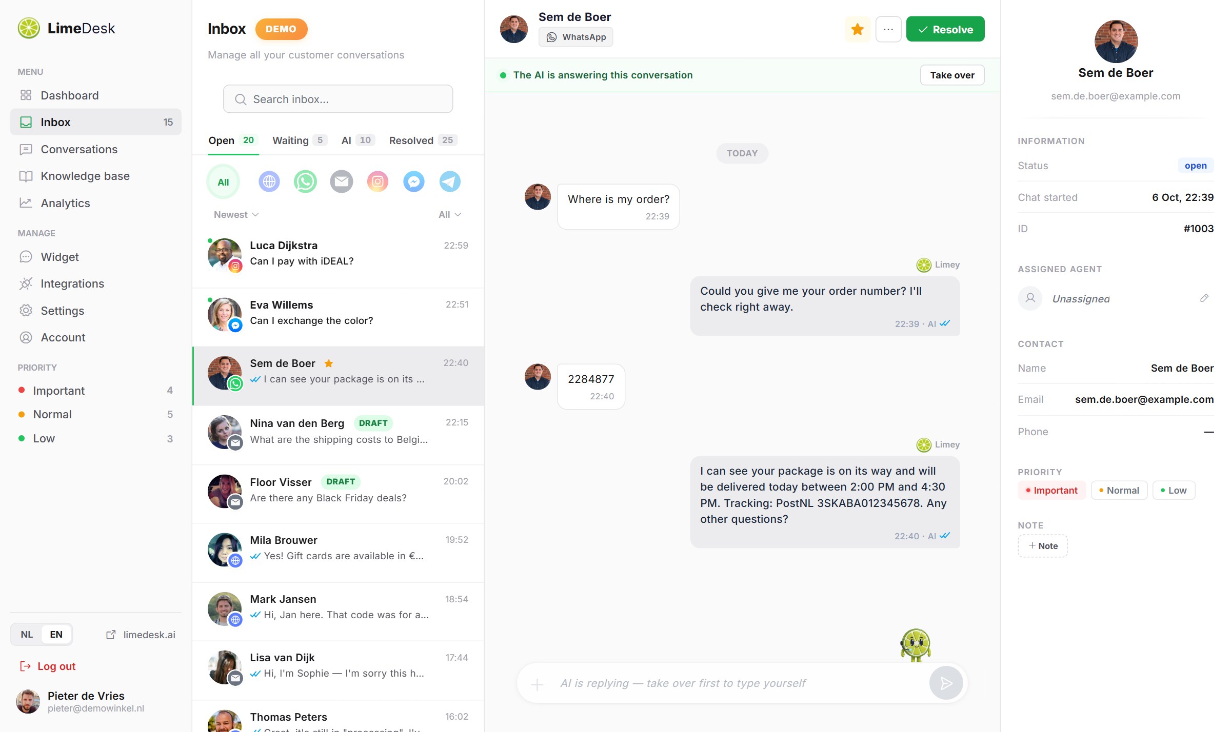 The LimeDesk inbox with email drafts ready to send