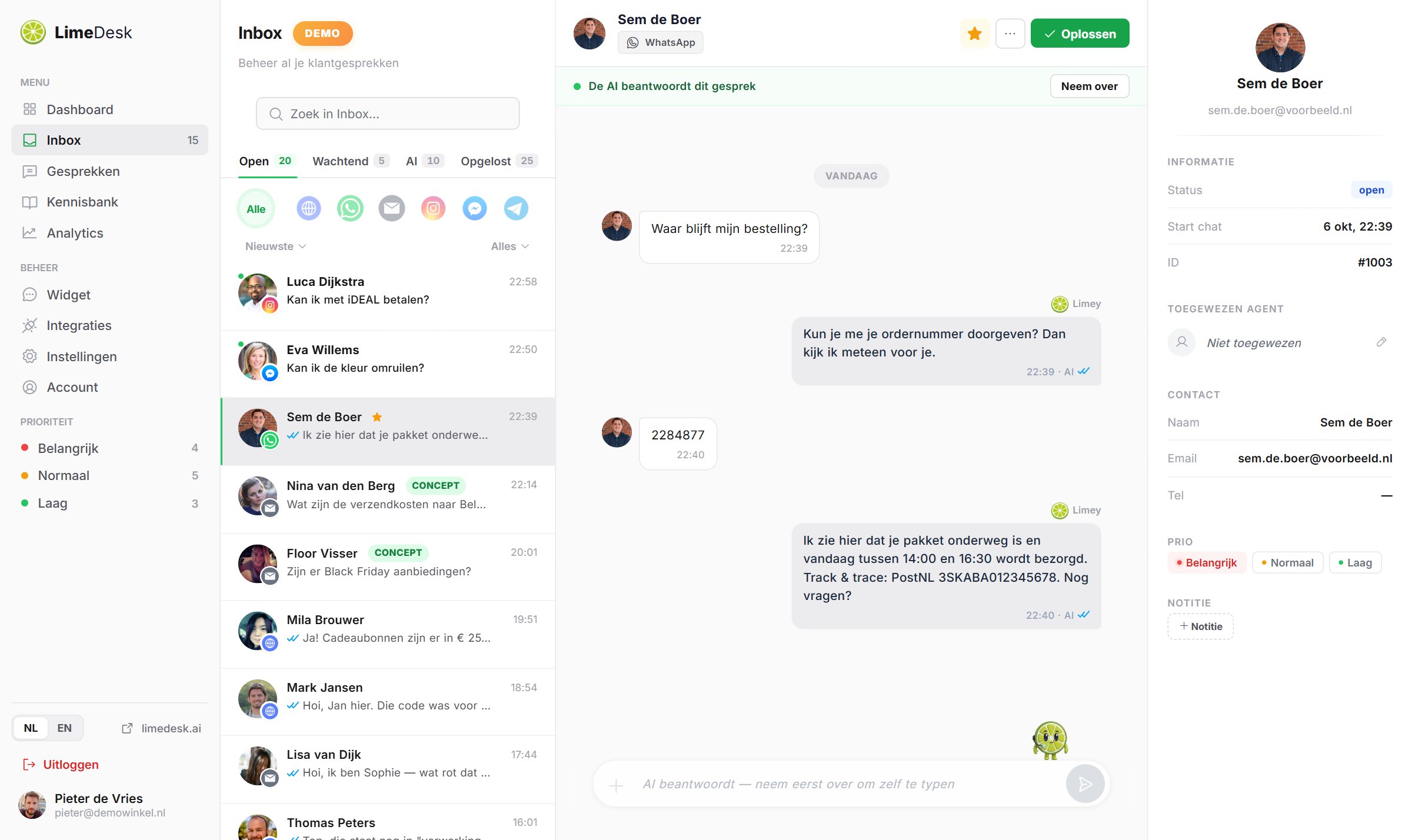 De LimeDesk-inbox met e-mailconcepten die klaarstaan om te versturen