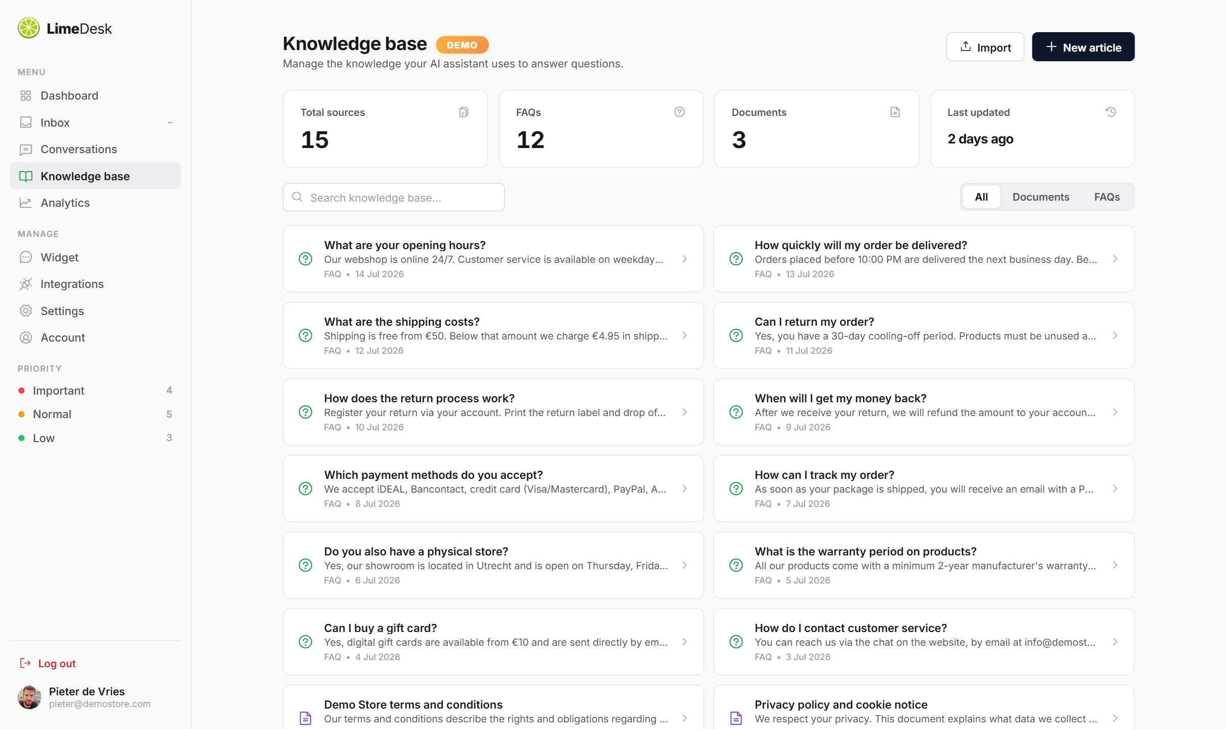 LimeDesk knowledge base — train the AI on your own content