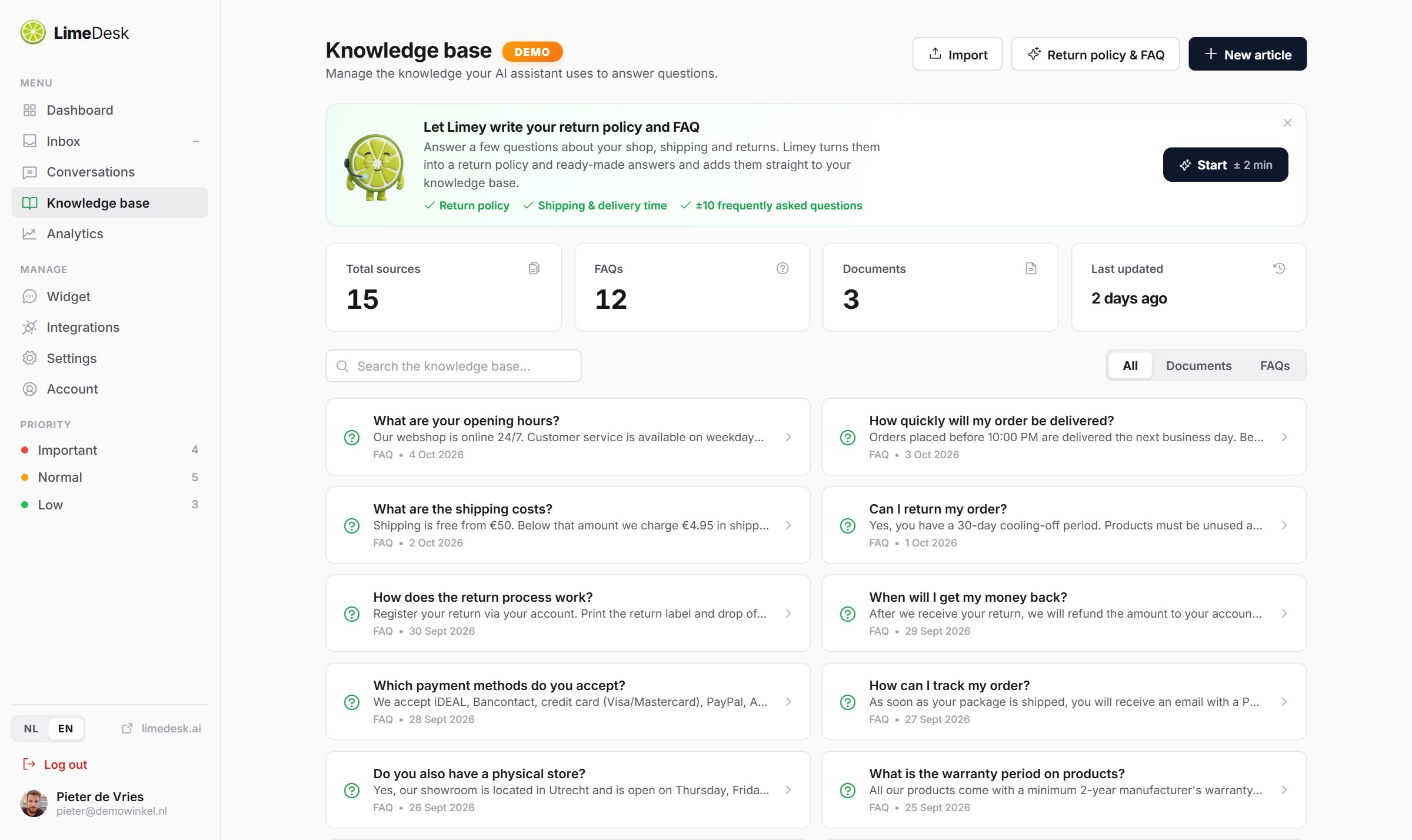LimeDesk knowledge base — train the AI on your own content