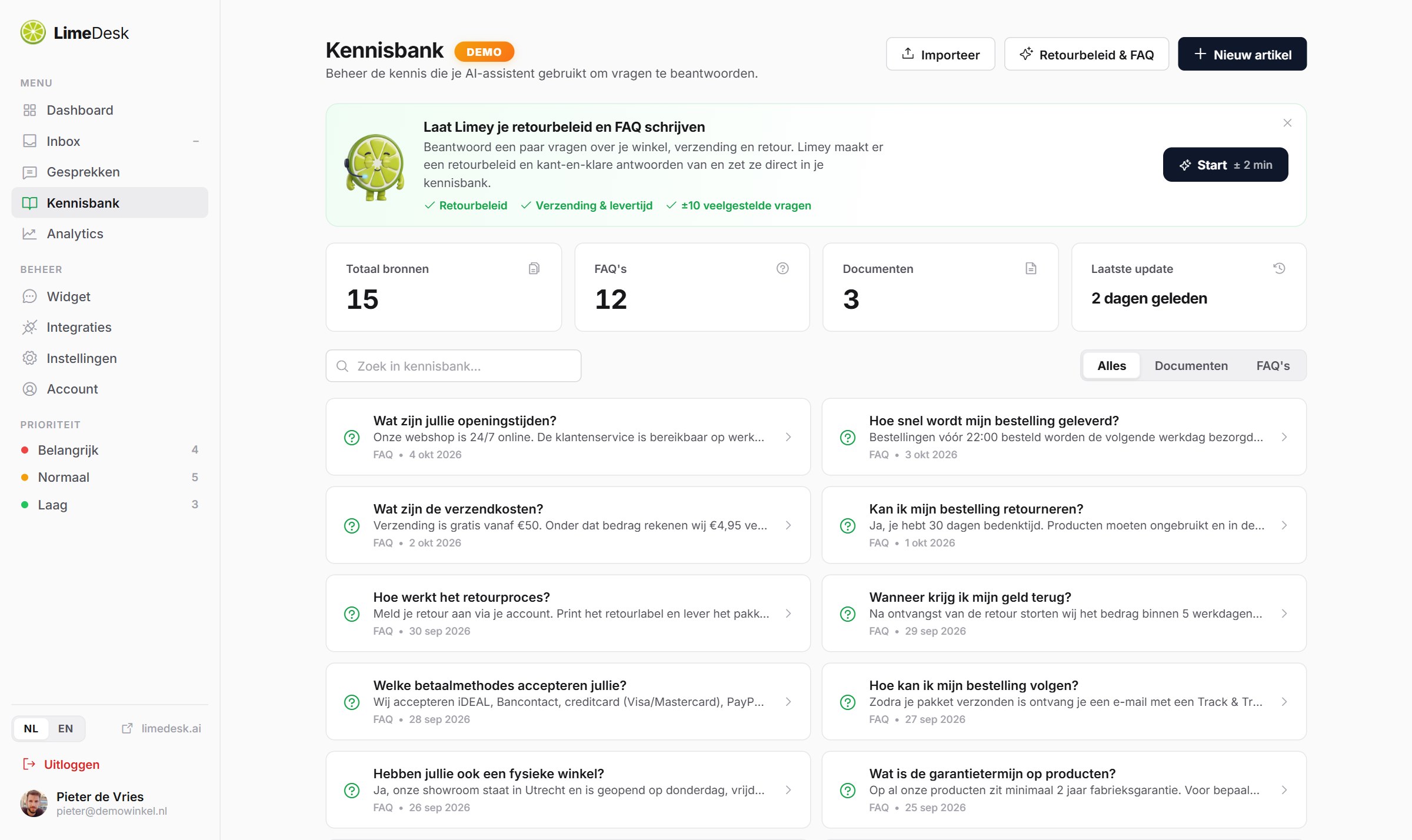 LimeDesk kennisbank — train de AI op je eigen content