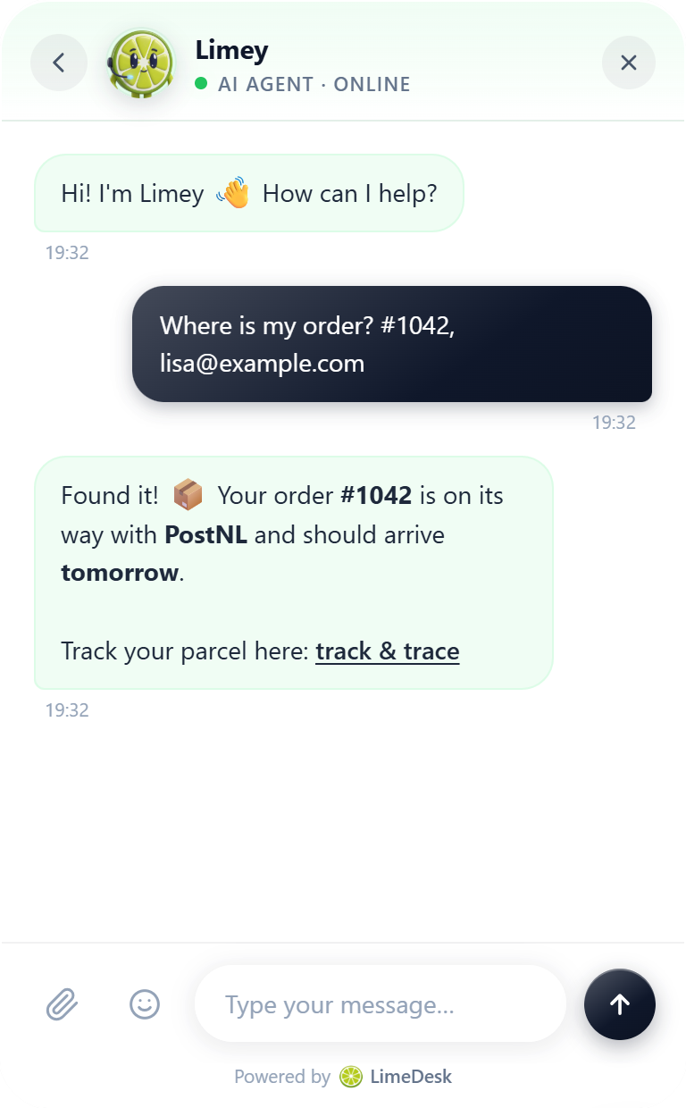 The LimeDesk chat answers a question about order #1042 with the status and a tracking link