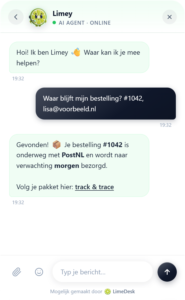 De LimeDesk-chat beantwoordt een vraag over bestelling #1042 met de status en een track & trace-link